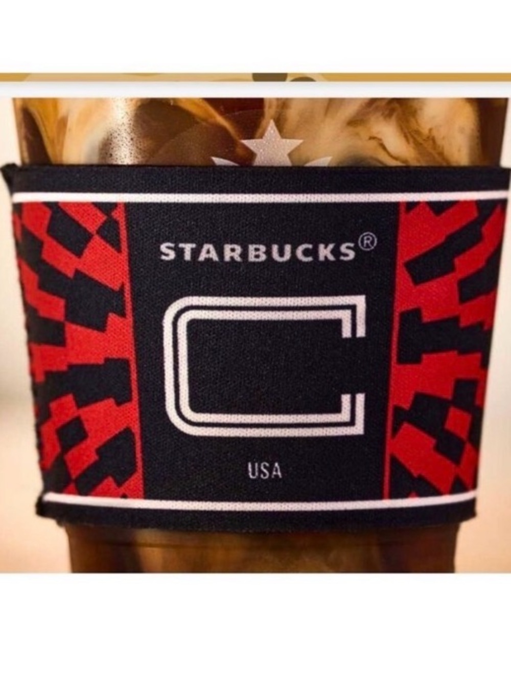 Starbucks Red and Navy Geometric Cup Sleeve with Green Logo